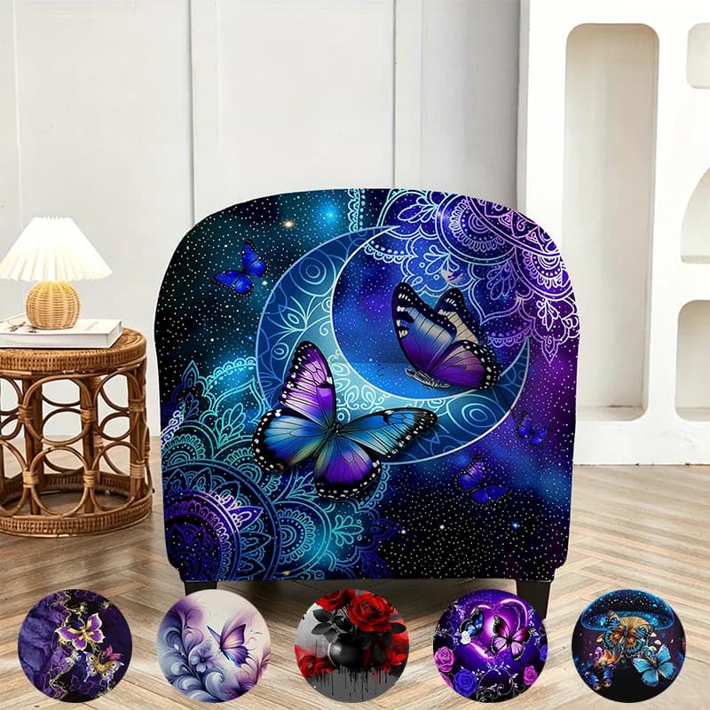Celestial Moon Butterfly Mandala Single Sofa Chair Cover, Stretch Elastic Bohemian Starry Sky Chair Protector for Bedroom