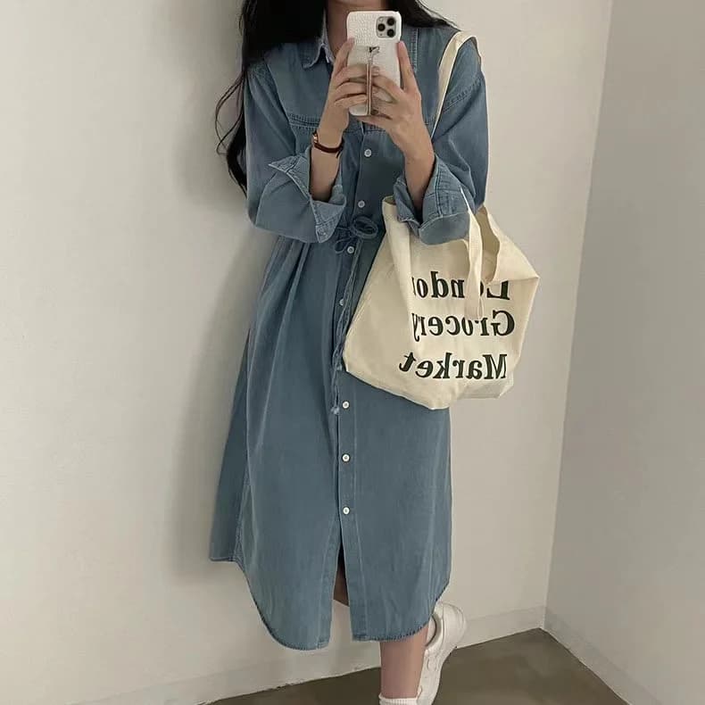 Retro Waed Denim irt Dr Women Loose Fit Slimming Straight Long Skirt Button up Cotton Casual Ci Commute Dr
