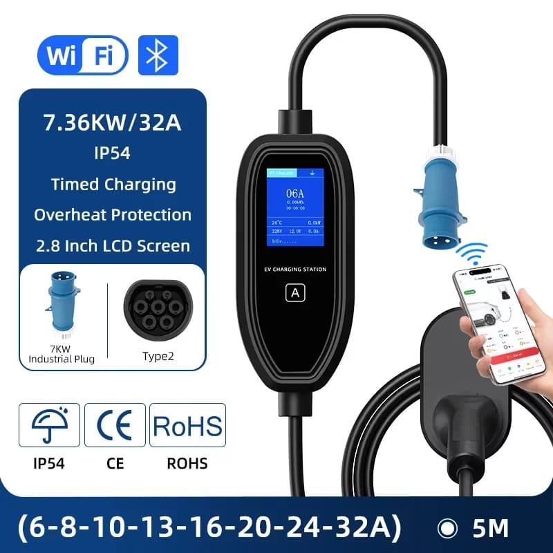7.36KW-7.6KW 32A Portable EV Charger 5M 10M GBT Type1 Type2 TS-NACS EVSE Charging Box Controller Wallbox For Current Adjustable