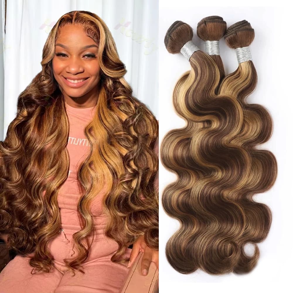 Human hair extensions Brazilian corrugated Remy, 30 inches, honey blonde with P4/27, 2, 3 or 4 bundles, for woman