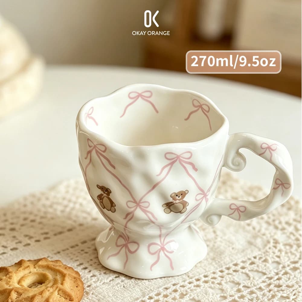 Coquette Pink Bow Knot Ceramic Coffee Mug Cute Bear Porcelain Tea Cup Vintage High Foot Water Cup Afternoon Tea Milk Mug 270ml