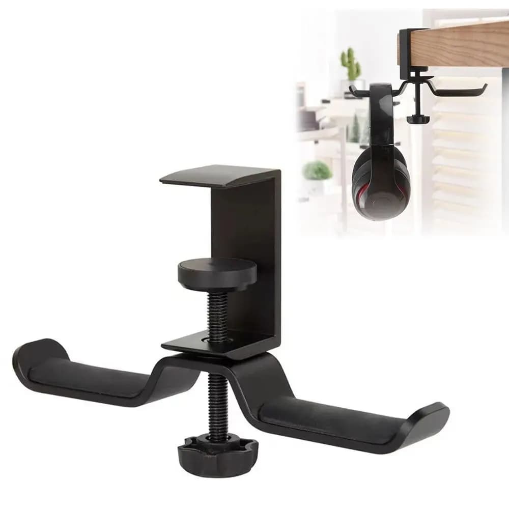Aluminum Alloy Headphone Stand Under Desk Double Hook Headset Rack Holder Desktop Mount 2 in 1 Desk Clamp on Hook For Under Desk