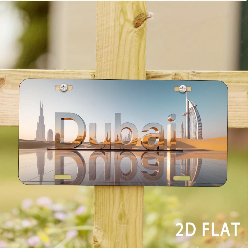 Targa Decorativa con Stampa 2D di Skyline e Deserto di Dubai, Insegna Decorativa in Alluminio con Testo Metallico Moderno per Casa