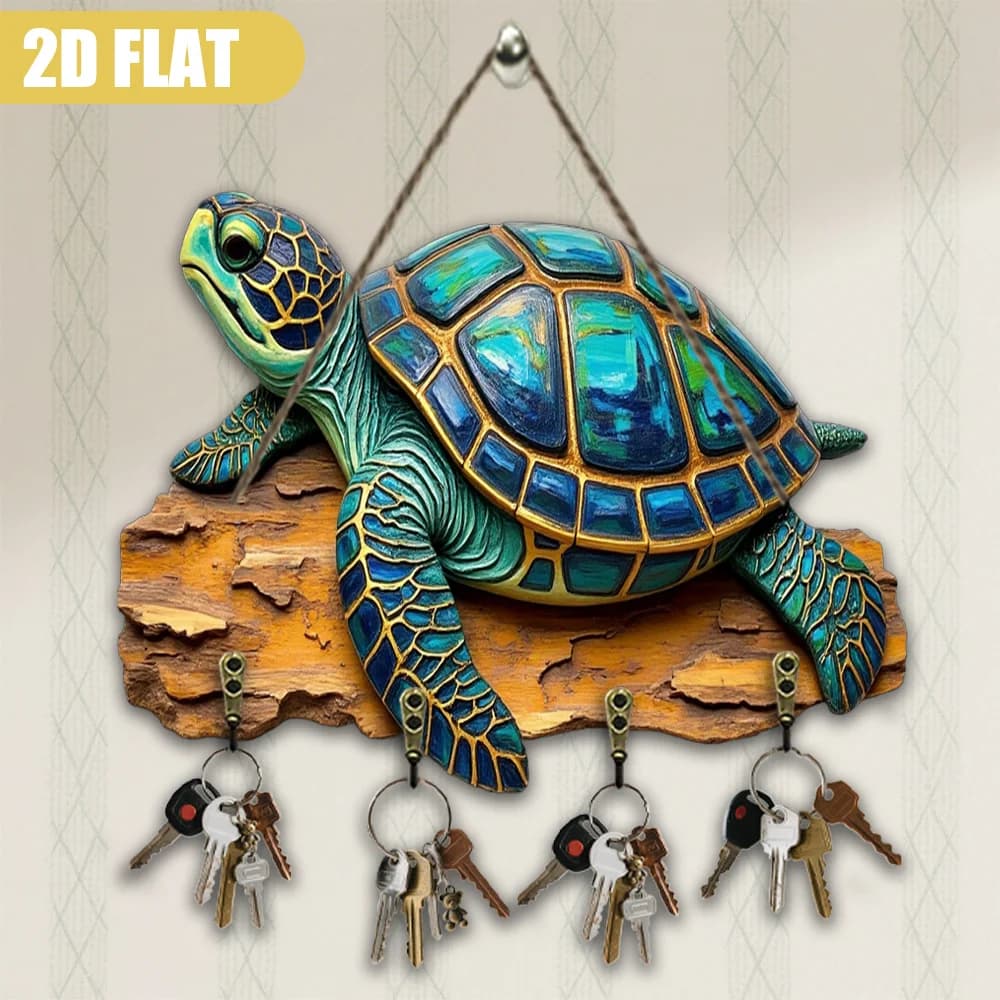 Scultura da parete 2D piatta, bellezza oceanica tartaruga marina - Portachiavi in legno rustico con 4 ganci, 9,06x11,81 pollici, multifunzionale