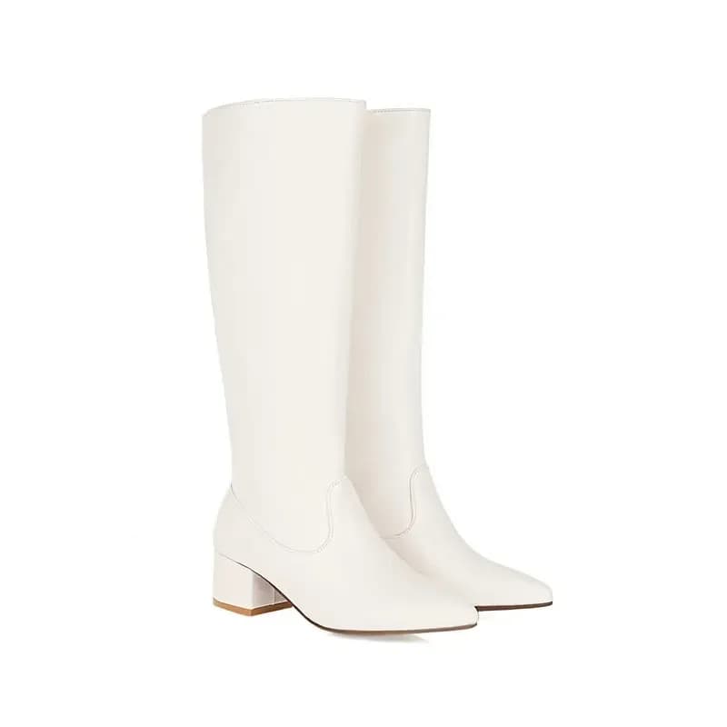 Soft PU Leather Red White Pointed Toe Square Chunky Heels Women Warm Winter Shoes Knee-high Wide Calf Riding Casual Long Boots