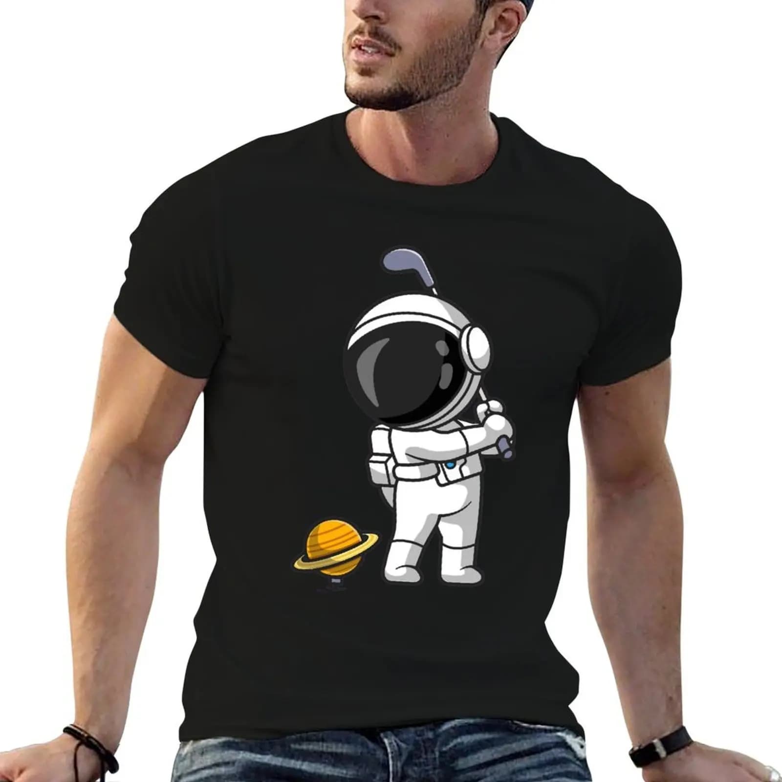 Astronauta che suona il golf planetario T-shirt magliette stampate per uomo magliette per uomo T-shirt morbida in cotone