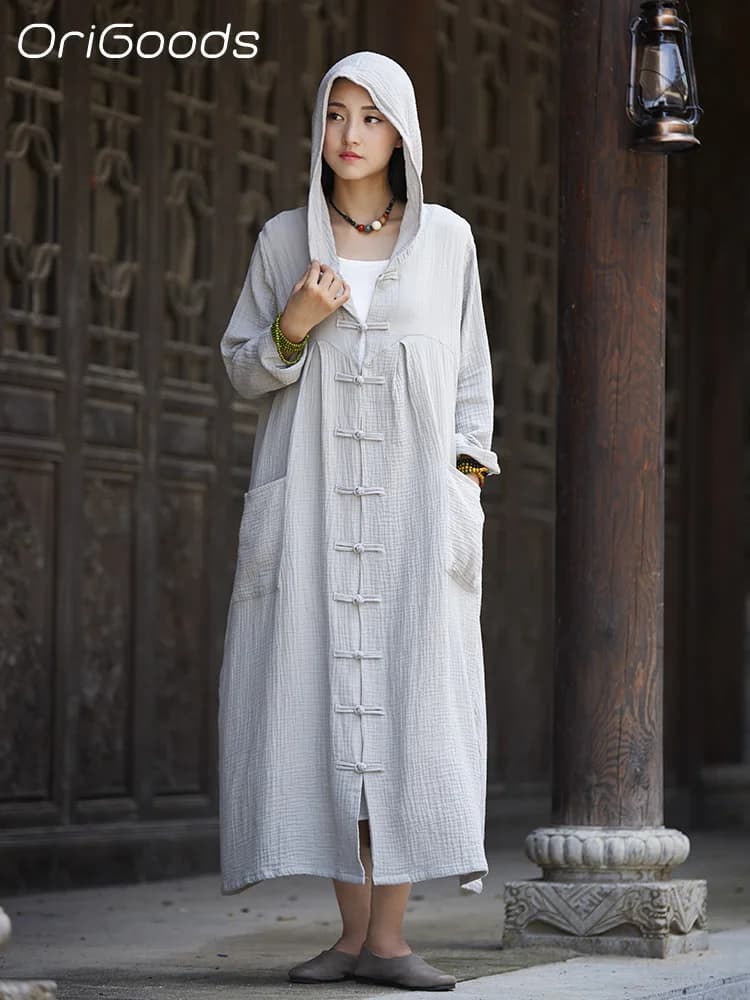 OriGoods Woman Hooded Long Coat Cotton Spring Summer Overcoat Chinese Style Loose Robe Red Black Witch Wizard Trench Coat B097