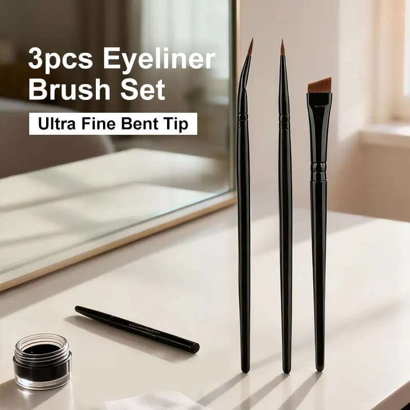 Set di 3 Pennelli per Eyeliner Ultra Sottili e Curvi per Trucco Dettagliato, Scanalatura Lacrimal e Sopracciglia, Strumento Professionale di Precisione con Custodia da Viaggio