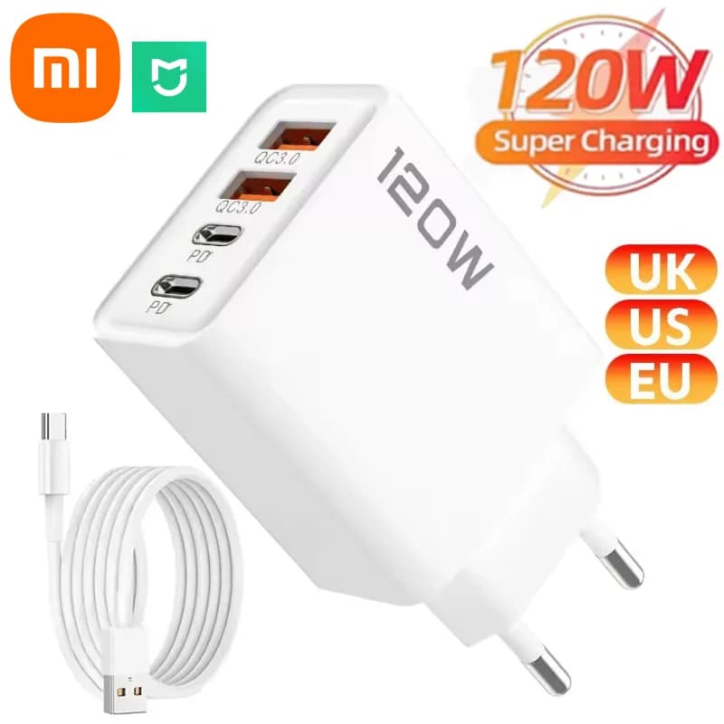 Stazione di ricarica rapida Xiaomi MIJIA a 4 porte 120W USB C con adattatore da parete PD QC3.0 e cavo dati per iPhone Samsung, con spina EU/US/UK per viaggi.