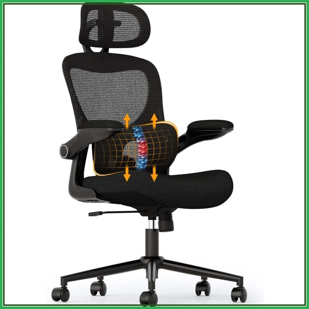 Sedia da Ufficio Ergonomica in Rete con Supporto Lombare Regolabile, Braccioli Ribaltabili, Poggiatesta, Inclinazione, Cuscino Largo, Ruote Girevoli