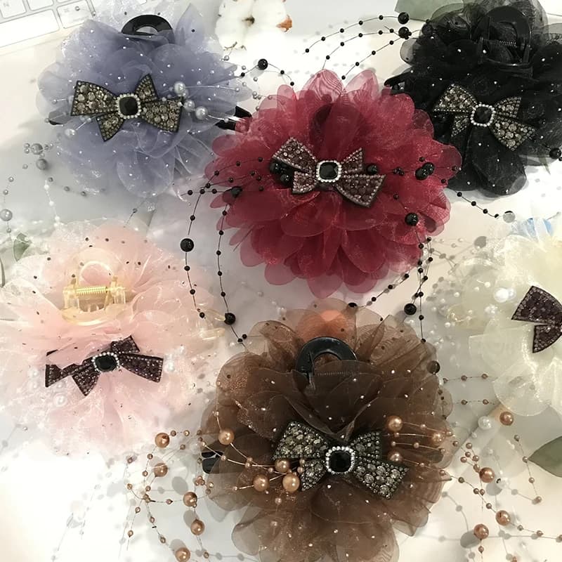 1 pz elegante maglia fiore di peonia strass fiocco nappa fermaglio per capelli donna coda di cavallo forcina copricapo accessori