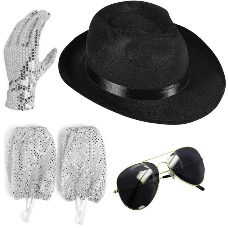 Funny Party stage performance Hats Classic Superstar Costume - Set of 4 - Fedora Hat, Sequin Glove, and Sunglasses Sequins Sock