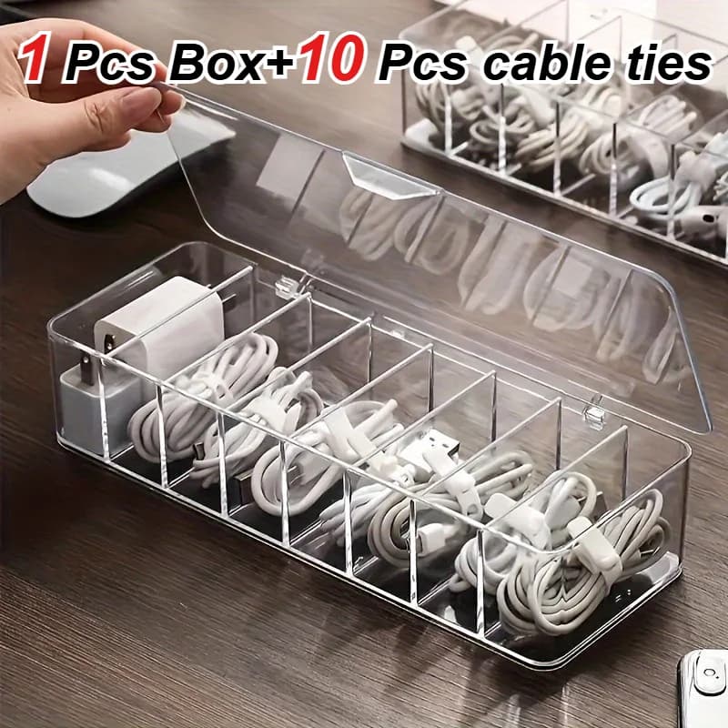 1 PCS of 8-Grid Transparent Data Cable Storage Box and 10 Cable Ties Suitable for Organizing and Storing in Offices and Homes