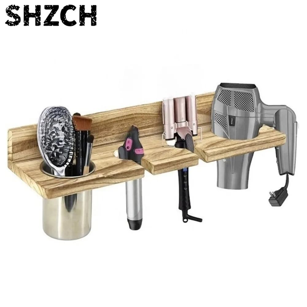 Wooden Shelf for Hair Dryer in The Bathroom, Solid Wood Storage Rack for Curling Iron Mounted On