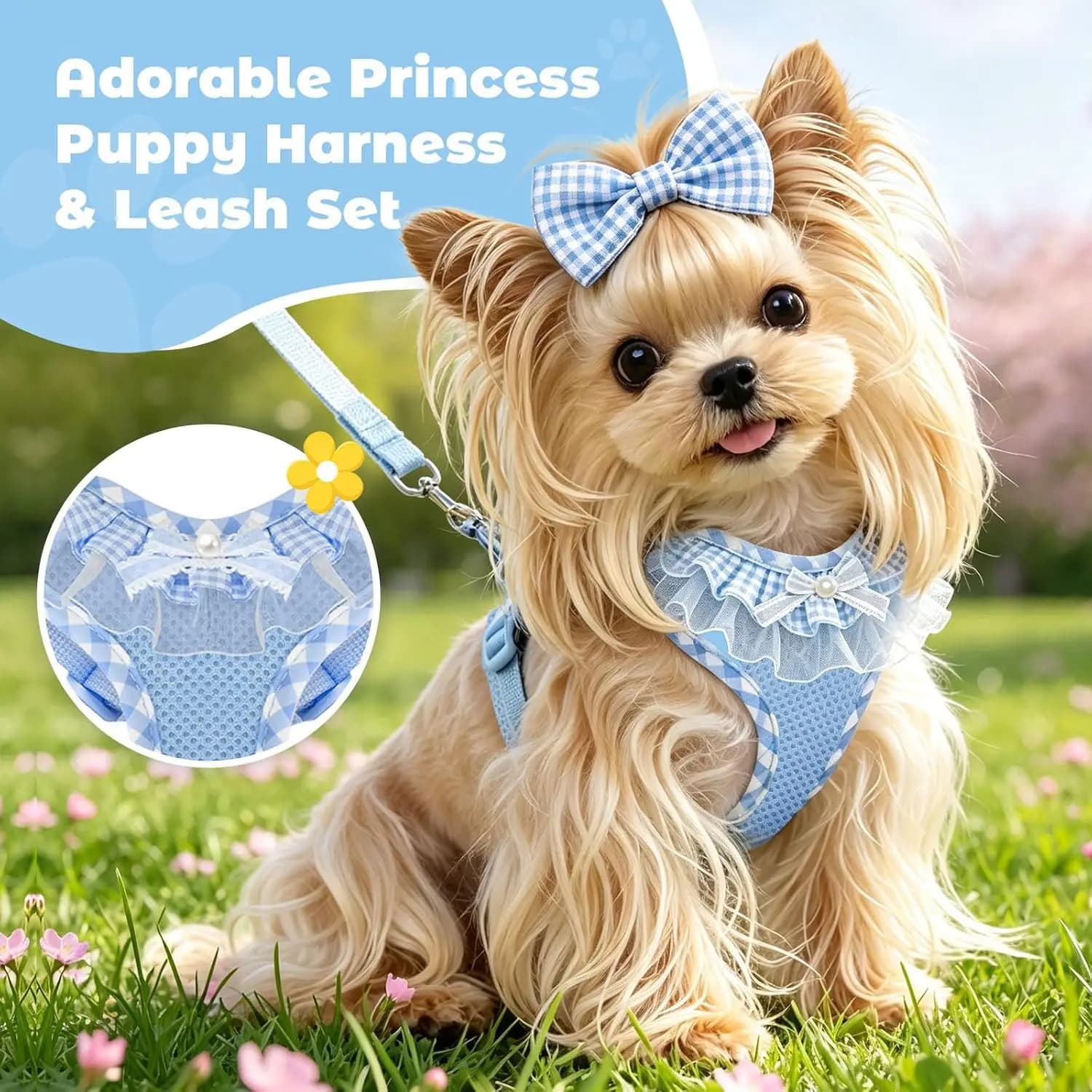 Escape Proof No Pull Dog Harness with Leash, Breathable Mesh Vest for Small Dogs Cats, Adjustable Ruffle Plaid Pet Harness