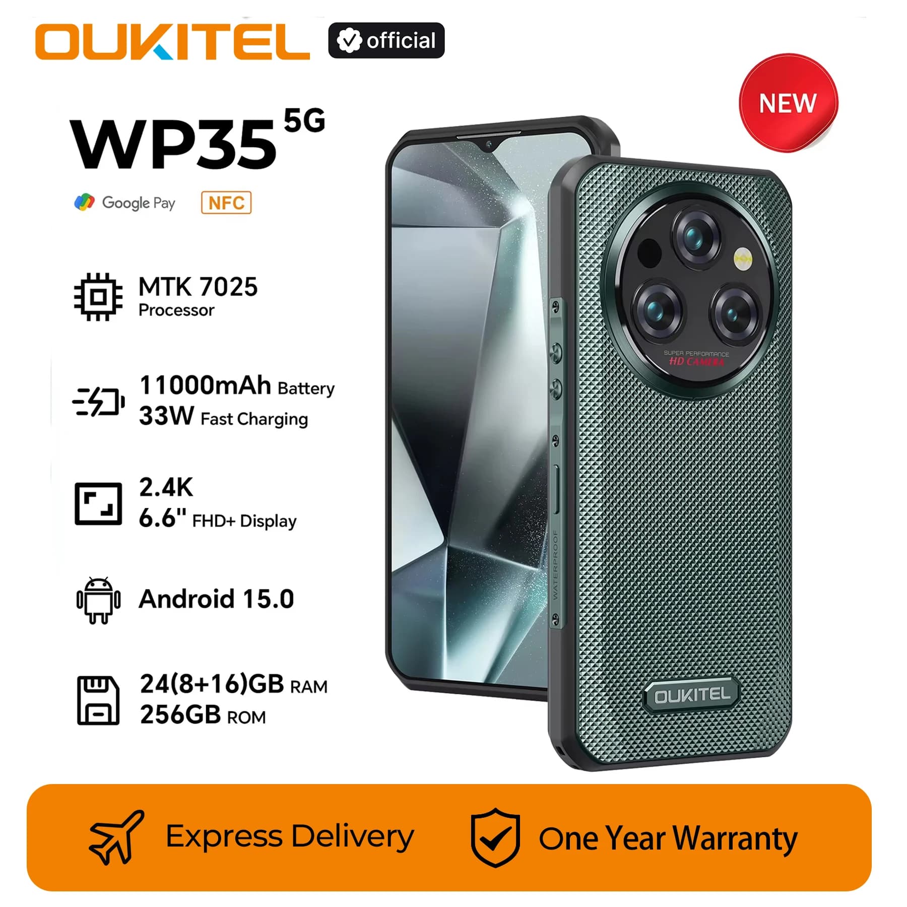 Smartphone robusto Oukitel WP35, telefono cellulare Android, telefono cellulare NFC, 5G, 11000 mAh, 24 GB (8+16) + 256 GB, fotocamera da 108 MP, MTK 7025
