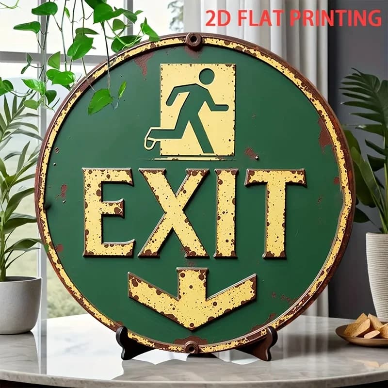 1pc 2D Flat Round Rustic Exit Metal Sign, Running Man Safety Arrow Distressed Plaque, Shop Warehouse Wall Warning Decor