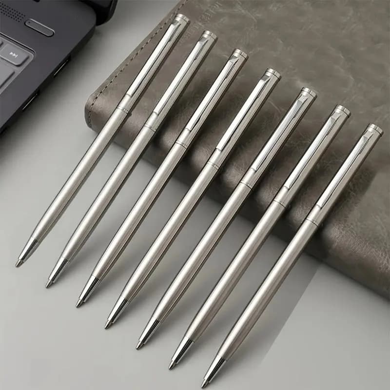 Set of 20 elegant ballpoint pens in silver stainless steel - Durevoli, medium tip, design with rotating mechanism, fluid writing, perfect for office