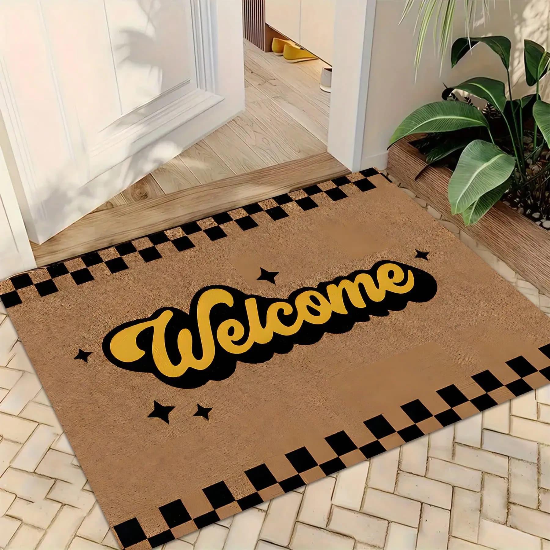 1pc Vintage Welcome Doormat With Black And White Checkerboard Pattern, Velvet Fabric + Leaf Non-Slip Backing, Washable, Quick-Dry, Ultra-Soft Plush, Suitable