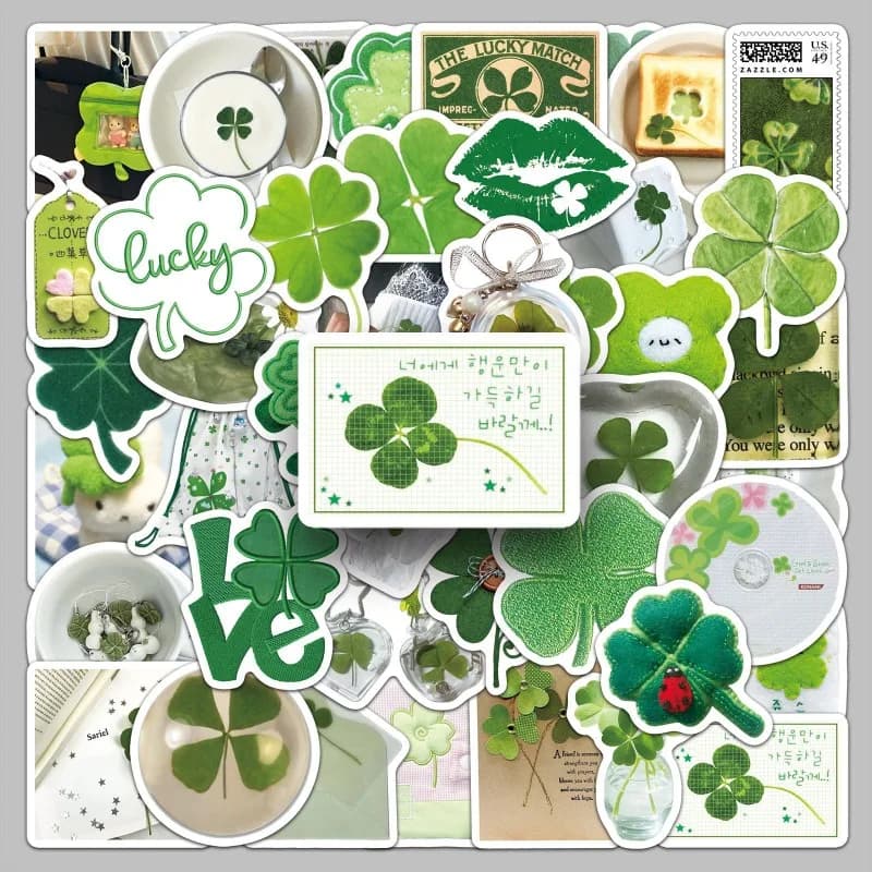 50pcs/set Green Botanical Scrapbook Stickers Clover Decals Set Cute Forest Stickers for Water Bottles Phone Cases Diaries