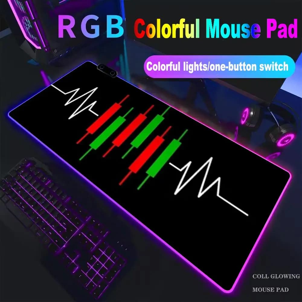Tappetino per Mouse RGB con Grafici di Borsa, Tappetino da Gioco PC con LED HD, Tappetino XXL con Motivi Candlestick, Tappetino da Scrivania Artistico