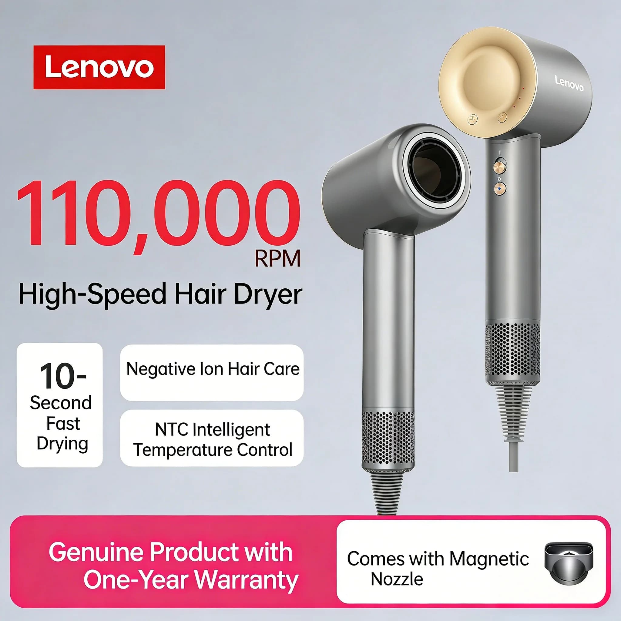 Asciugacapelli ad alta velocità Lenovo Y1S, temperatura costante, protezione dal surriscaldamento, cura dei capelli con ioni negativi, asciugatura professionale dei capelli, 220V