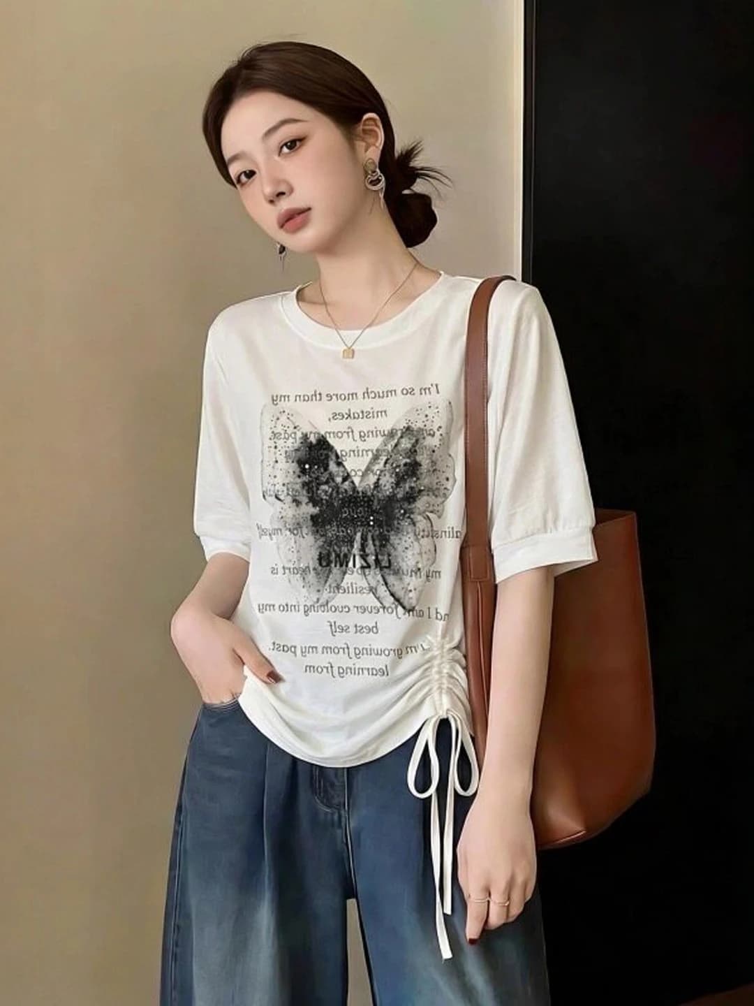 Ladies Print Short Sleeve T-Shirt Drawstring Loose Fit Summer New Style plus Size Comfortable Korean Version Top