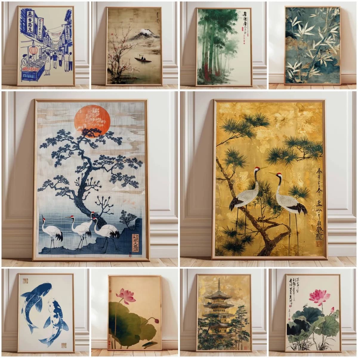 Japanese Red Sun and Pine Tree Print, Crane Poster, Vintage Ukiyo-e Wall Art, Traditional Japanese Artwork, Oriental Home Dec