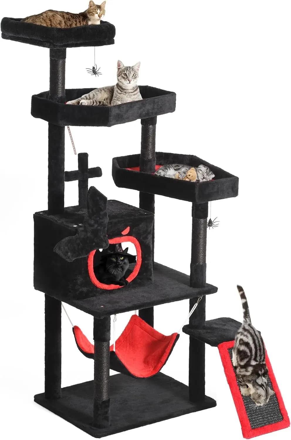 Albero per gatti gotico con letto a forma di bara, torre per gatti da interno alta 63 pollici con posatoio superiore, ampie cucce per gatti, decorazione a ragno sospesa