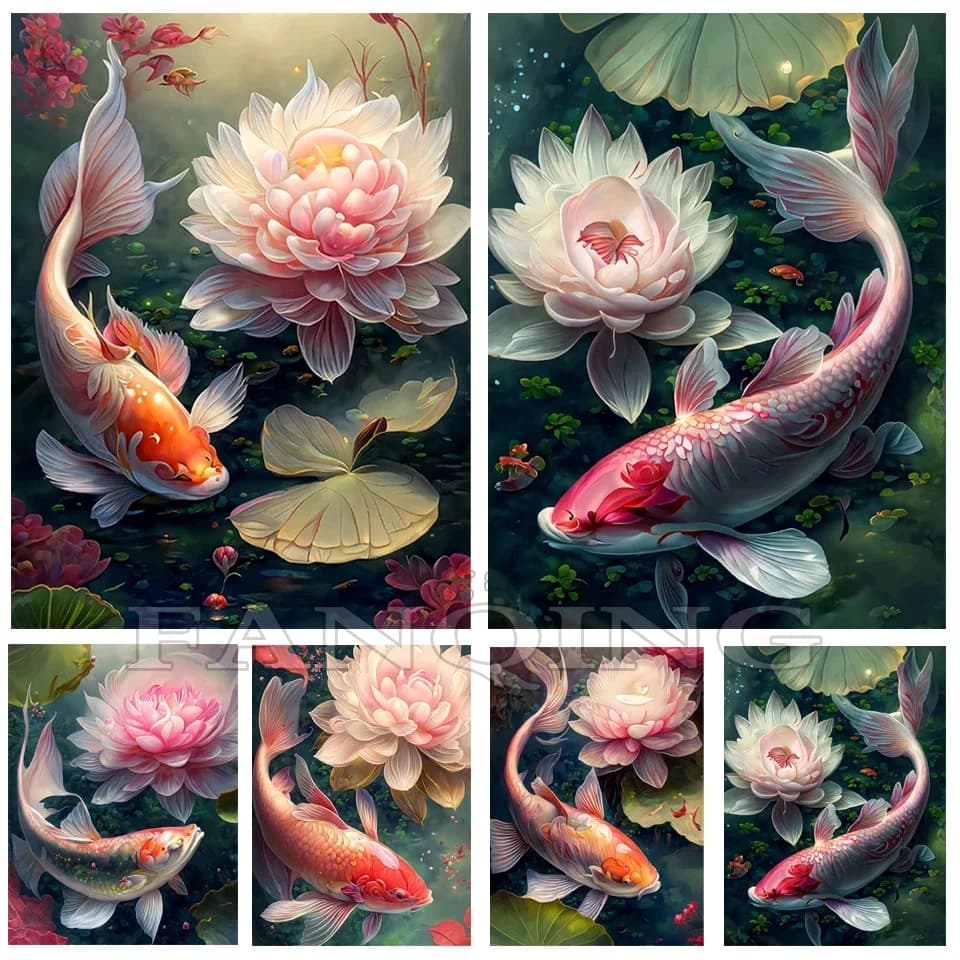 DIY New Diamond Painting Fish Picture Diamond Embroidery Koi Mosaic Cross Stitch Full Drill Lotus Rhinestone Home Decor L66
