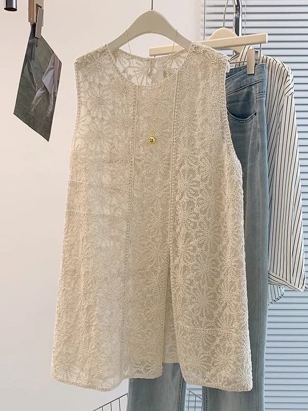 Elegant round Neck Sleeveless Vest Dress Hollow out Decorative Stitching Summer New Style Women's Fashion Dress A-Line Skirt