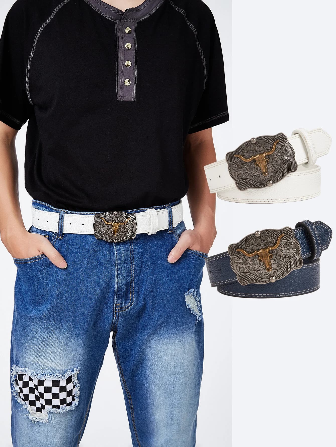 1pc da uomo vintage moda casual testa di bue grigio fiore intaglio fibbia in metallo cintura con struttura litchi per jeans