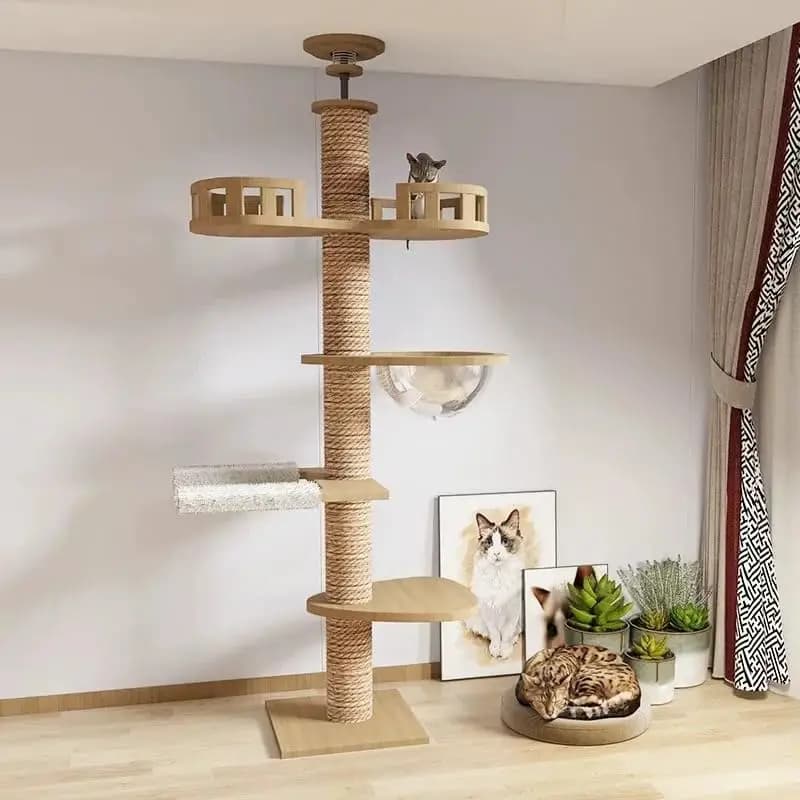 100.4-104.3 pollici Albero per gatti dal pavimento al soffitto Corda in sisal naturale Tirare il palo da arrampicata Albero per gatti regolabile Pelliccia multi-livello per gatti
