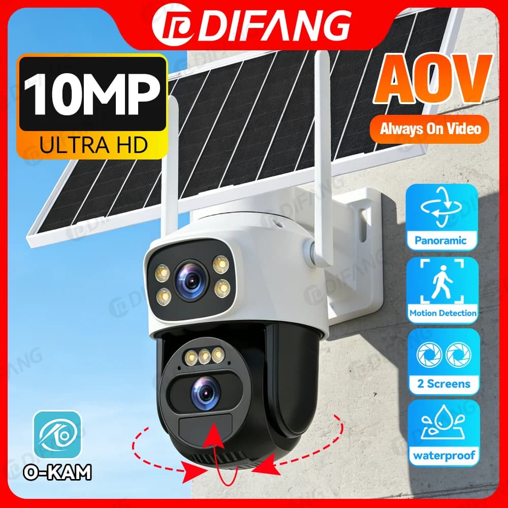 Outdoor Solar Camera 4G AOV 10MP with Double Screen, Battery, Security Protection, WiFi and CCTV Surveillance