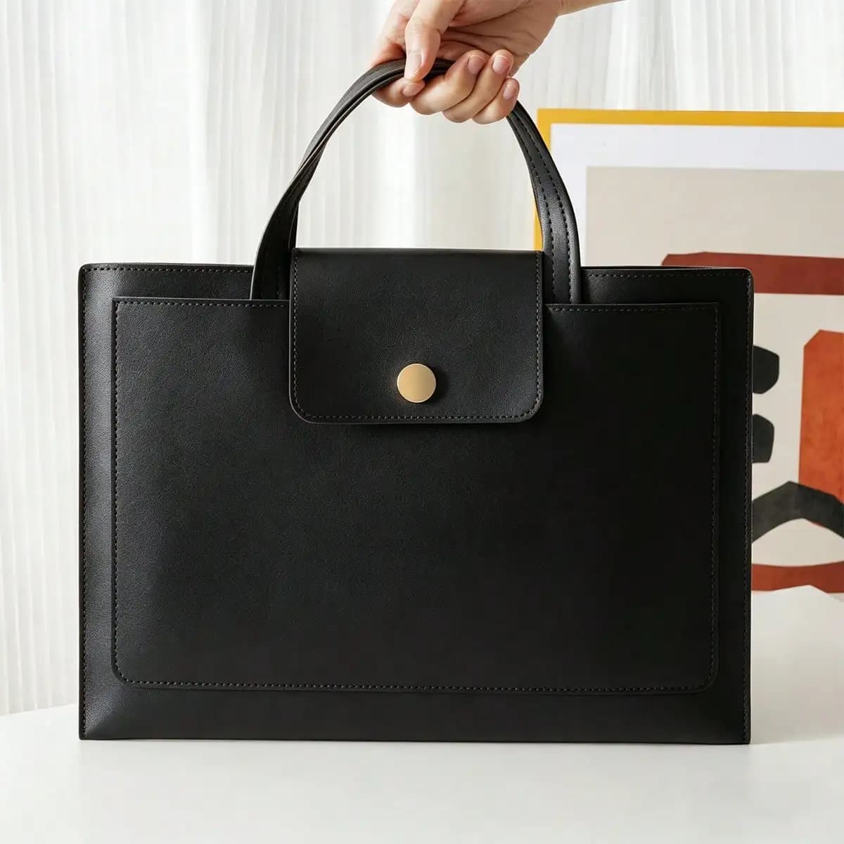 A4 Leather File Bag, Portable Laptop Bag, Public Document Bag, Large Capacity, Thick Handle, Zipper Style Laptop Bag, Storage Material, Business Simplicity