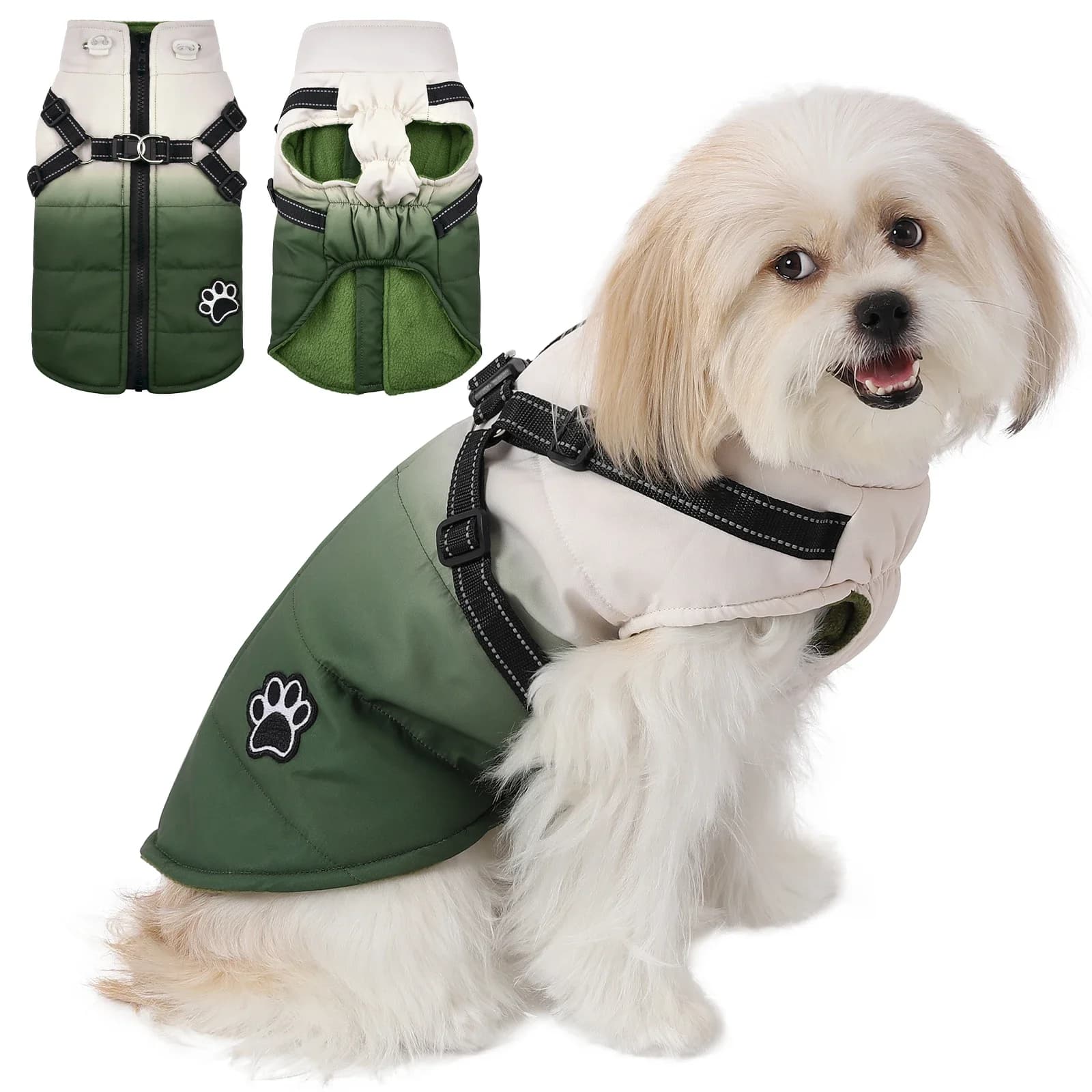 Giacca per cani da compagnia con imbracatura Giacca invernale per cani antivento alla moda con cerniera calda e spessa riflettente per cani di piccola taglia e gatti