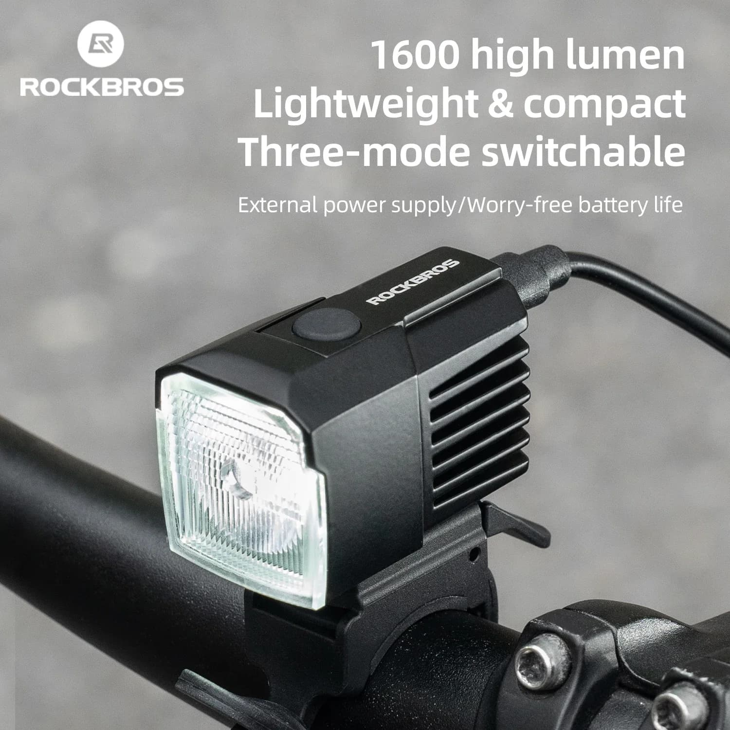 ROCKBROS Bike Light 1600LM Three Mode Switchable Front Lamp External Power Supply Cycling Headlight Aluminum Waterproof Light