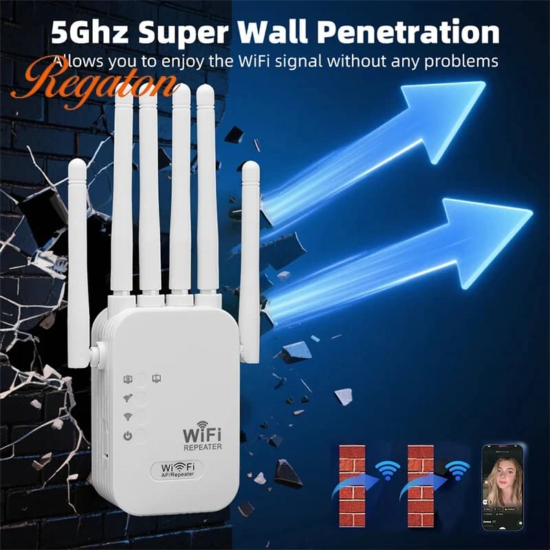 Amplificatore Wi-Fi Dual Band Regaton AC1200/AC300 2.4G/5G, Ripetitore di Rete, Estensore di Portata, Router Wireless, Potenziatore di Segnale