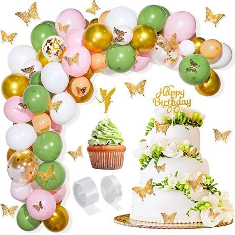 129 pezzi Un set di decorazioni per palloncini per feste di compleanno a tema fiabe con adesivi tridimensionali a farfalla dorata 3D