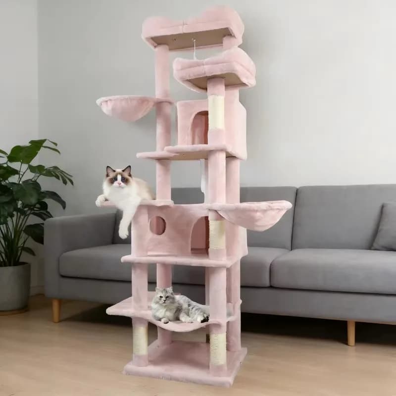 Robusto Tiragraffi Rosa per Gatti con Cuccia, Amaca e Centro Giochi per Gatti da Interno