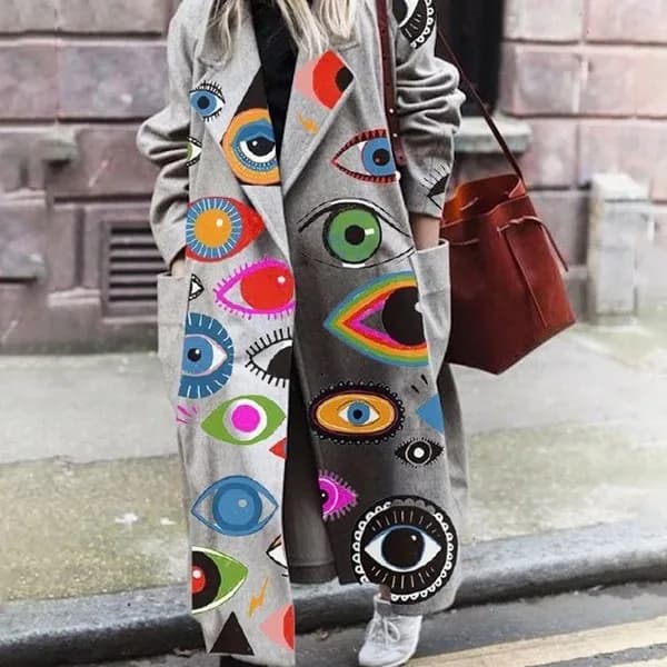 2025 Cappotto di lana da donna in cotone sciolto con stampa di moda street style europea e americana primaverile senza cintura girocollo
