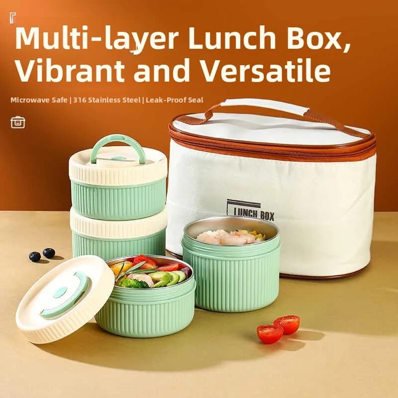 Contenitore per il pranzo a 4 strati in acciaio inossidabile 316, isolato, adatto al microonde, con scomparto per il riso, portatile, tipo bento box, per studenti e ufficio.