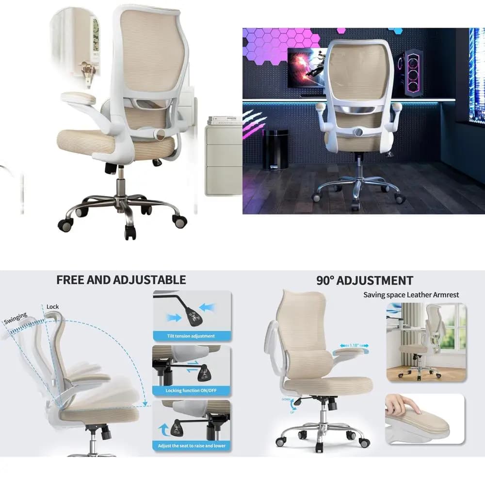 Sedia da scrivania ergonomica con schienale ondulato con supporto lombare regolabile, rete e pelle PU per ufficio domestico e giochi (Beige)