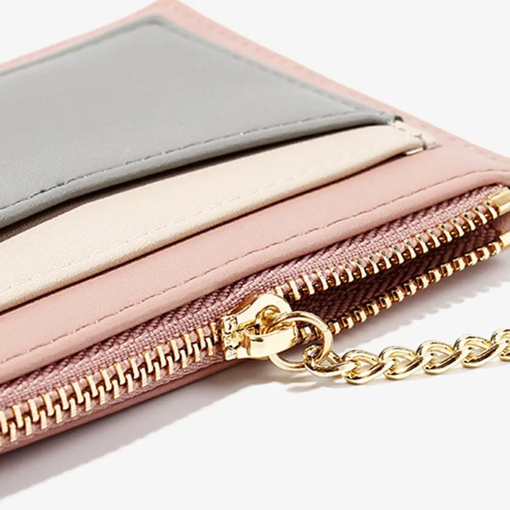 Portafoglio piccolo alla moda con cerniera, rosa, multi-scomparto per carte e monete, leggero, da donna, per viaggi e uso quotidiano.