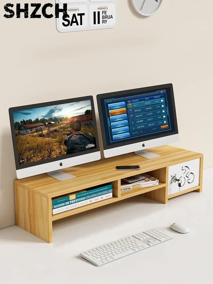 Double Screen Cuter Monitor Elevation Stand Office Desktop Keyboard Storage Box Organizer Ra Simple Rectangular Design