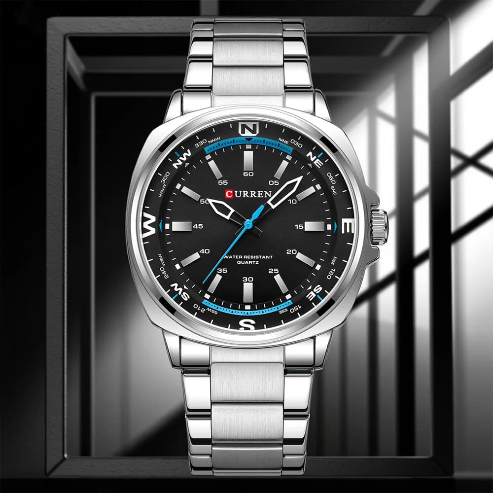 CURREN Minimalist square watch with black dial stainless steel strap with men's wristwatch with blue seconds hand