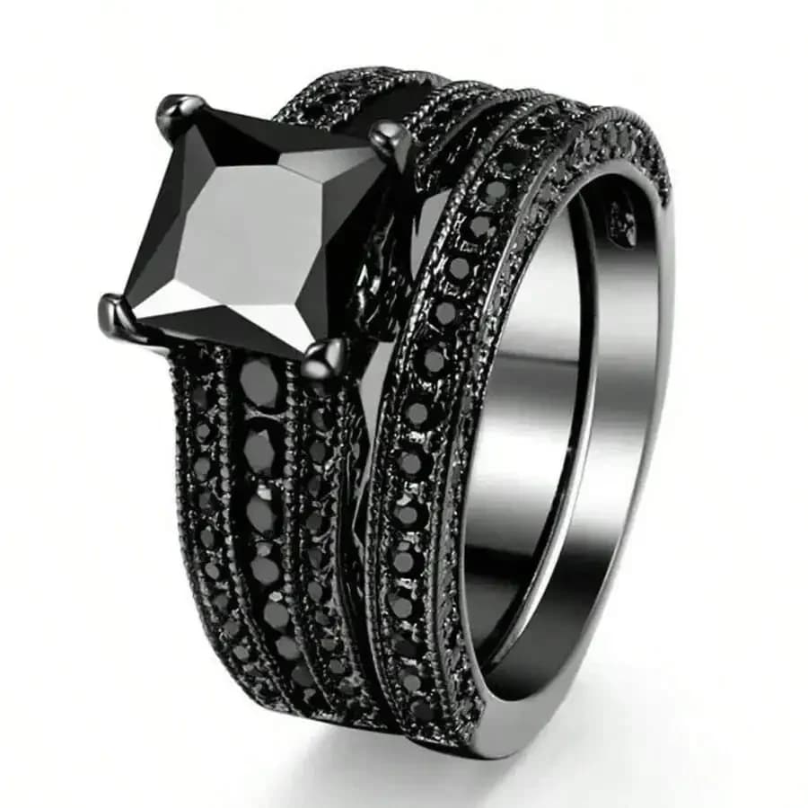 Set di 2 anelli decorativi con pietre quadrate in zirconia cubica nera per donna