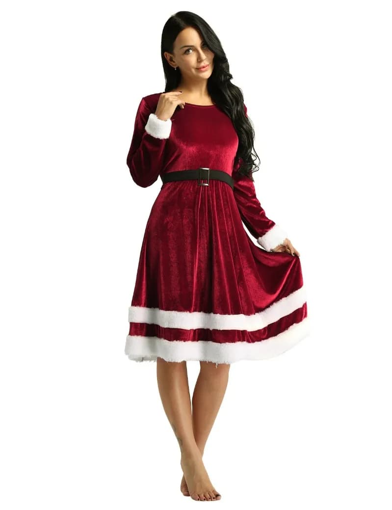 Bellissimo Natale a maniche lunghe girocollo cintura velluto patchwork di media lunghezza altalena abito natalizio donna ropa mujer traf rosso rob
