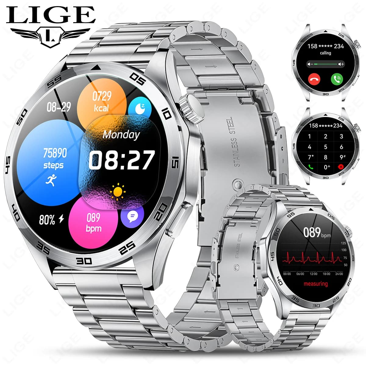 Smartwatch LIGE 2026 with ECG, HD Screen, Bluetooth Calls, Music, Vocal Assistant, Sports Watch, Message notifications, Fitness, Men's Smart Watches