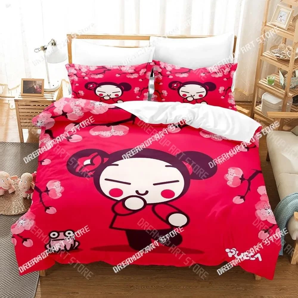 Set di biancheria da letto per cartoni animati Pucca con stampa 3D Set di tre pezzi per cartoni animati Anime per adulti Set copripiumino per camera da letto per bambini Kawaii Girls